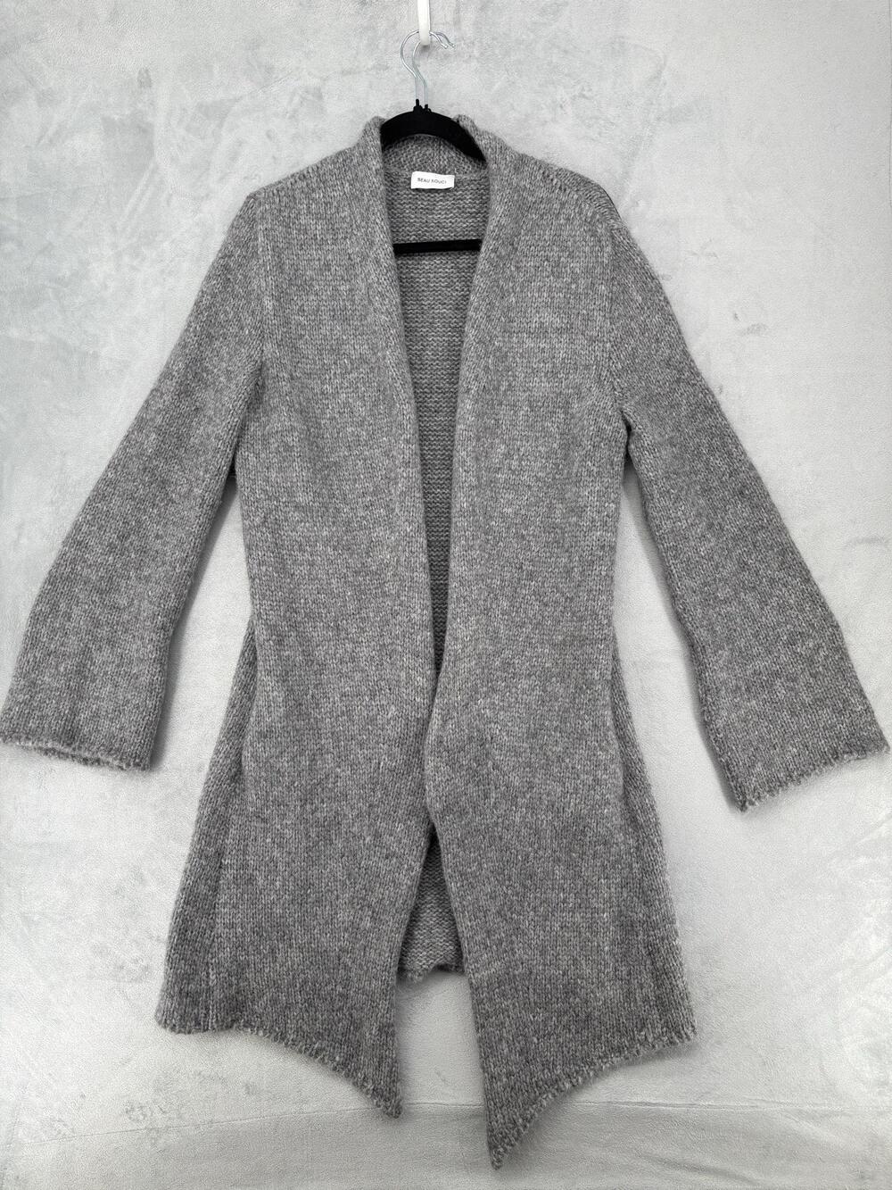 Beau Souci Cardigan Womens M Gray Alpaca Wool Chunky-Knit Open Pockets